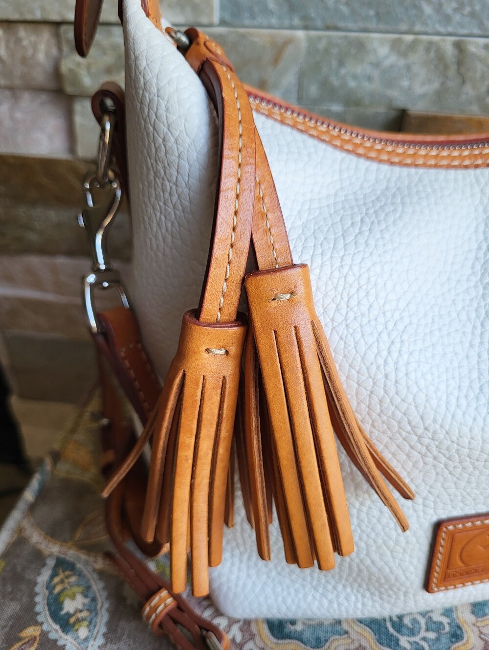 Dooney & Bourke Paige White Pebbled Leather Shoulder Bag with Tan Leather Trim - Picture 3 of 9